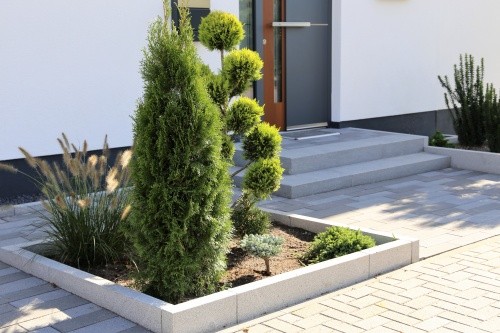 Gepflasterte Einfahrt mit Bepflanzung